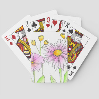 Pretty Pink and Yellow Watercolor Flowers Playing Cards