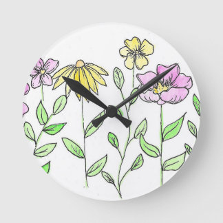 Pretty Pink and Yellow Watercolor Flowers Round Clock