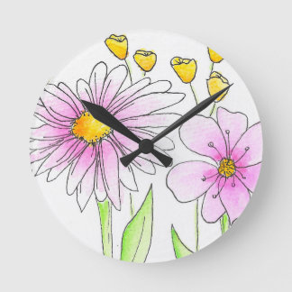 Pretty Pink and Yellow Watercolor Flowers Round Clock