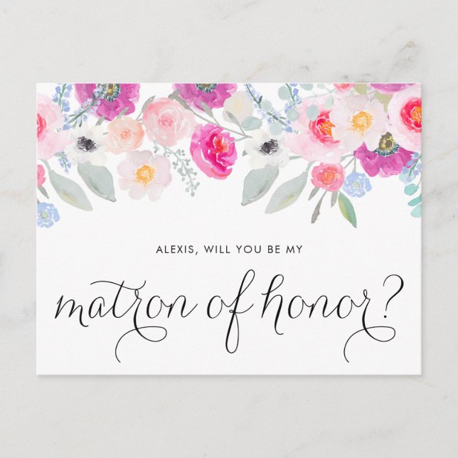 Pretty Pink Anemone Will You Be My Matron of Honou Invitation Postcard (Front)