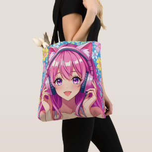 Pretty Pink Anime Girl in Headphones Tote Bag
