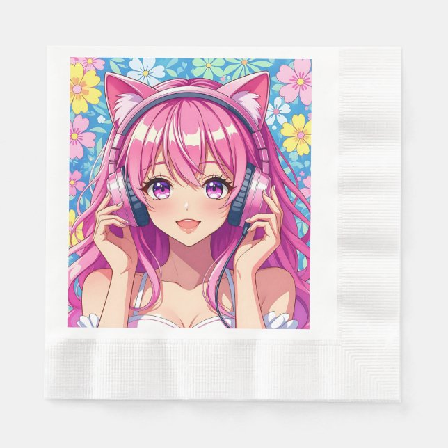 Pretty Pink Anime Girl's Birthday Party Napkin (Front)