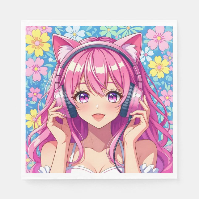 Pretty Pink Anime Girl's Birthday Party Napkin (Front)