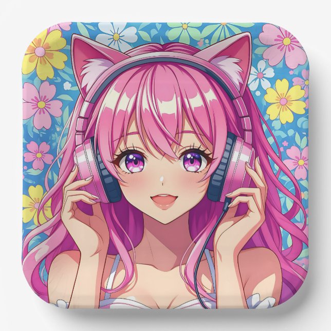 Pretty Pink Anime Girl's Birthday Party Paper Plate (Front)