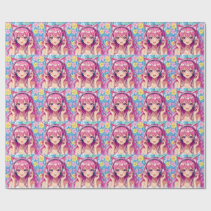 Pretty Pink Anime Girl's Birthday Party Wrapping Paper
