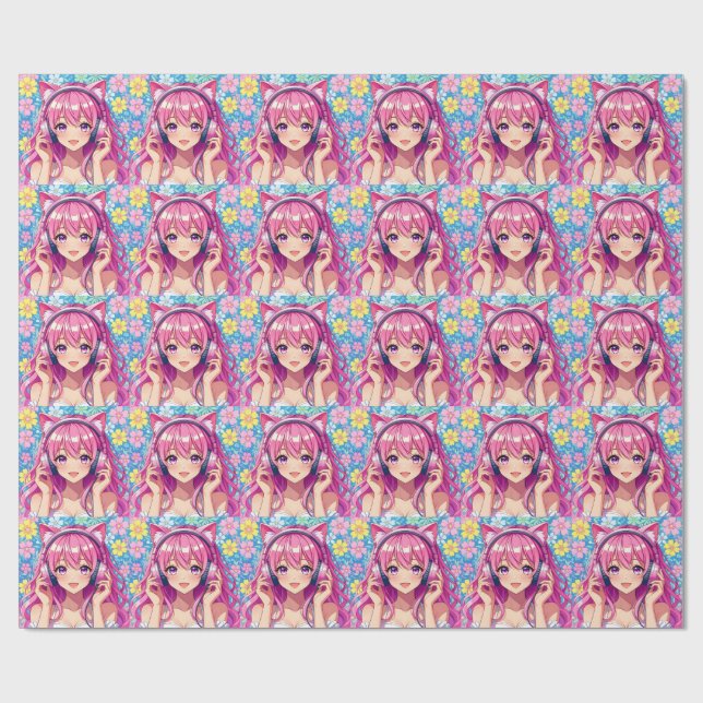 Pretty Pink Anime Girl's Birthday Party Wrapping Paper (Flat)