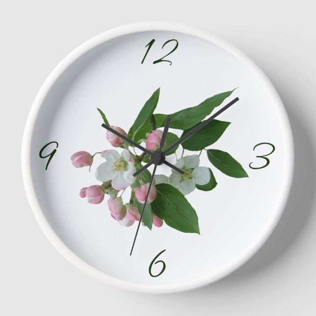 Pretty pink apple blossom green white floral boho  clock (Front)