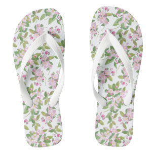 Pretty Pink Apple Blossom on White Background Thongs