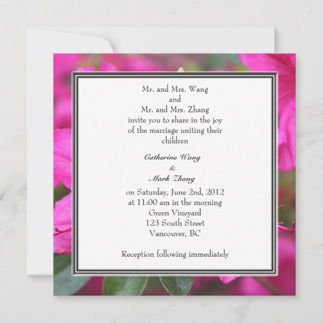 pretty pink azalea flowers wedding invitation (Front)