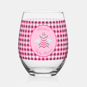 Pretty Pink Baby Girl Bee Custom Baby Shower Stemless Wine Glass