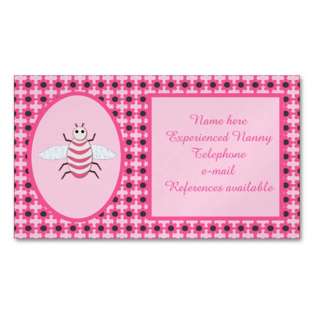 Pretty Pink Baby Girl Bee Custom Nanny Magnetic Business Card (Front)