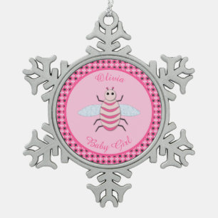 Pretty Pink Baby Girl Bee Custom Snowflake Pewter Christmas Ornament