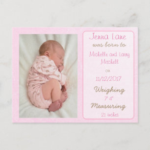 Pretty Pink Baby Girl Birth Announcement Postcard