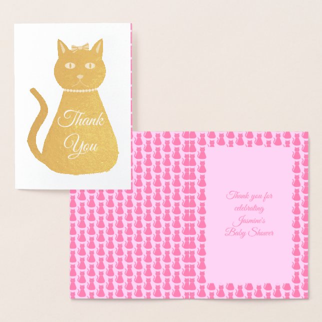 Pretty Pink Baby Girl Cat Baby Shower Thank You Foil Card (Display)