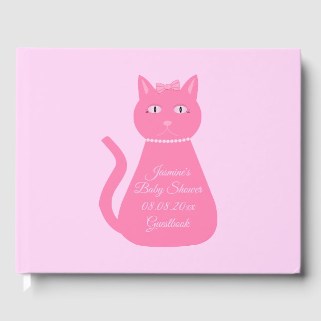 Pretty Pink Baby Girl Cat Custom Baby Shower Guest Book (Front)