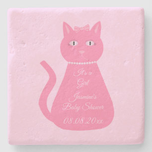 Pretty Pink Baby Girl Cat Custom Baby Shower Stone Coaster