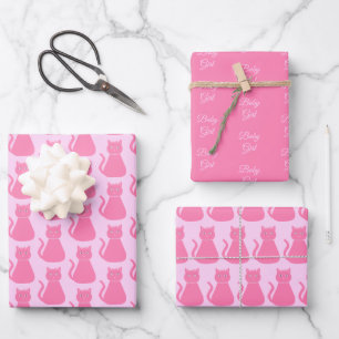 Pretty Pink Baby Girl Cat Custom Baby Shower Wrapping Paper Sheet