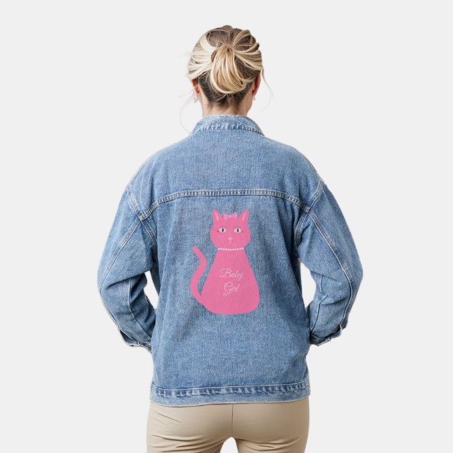 Pretty Pink Baby Girl Cat Custom Gender Reveal Denim Jacket (Model)