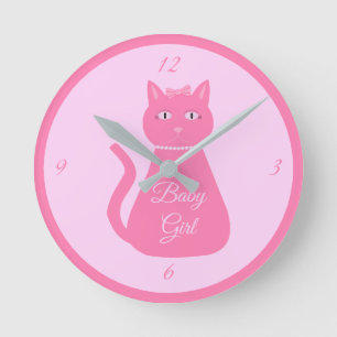 Pretty Pink Baby Girl Cat Custom Nursery Round Clock