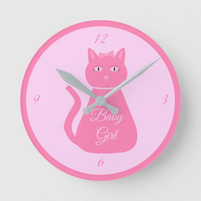 Pretty Pink Baby Girl Cat Custom Nursery Round Clock (Front)