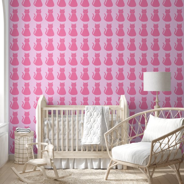 Pretty Pink Baby Girl Cat Patterned Wallpaper (Kids)