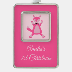 Pretty Pink Baby Girl Fox Custom 1st Christmas Silver Plated Framed Ornament