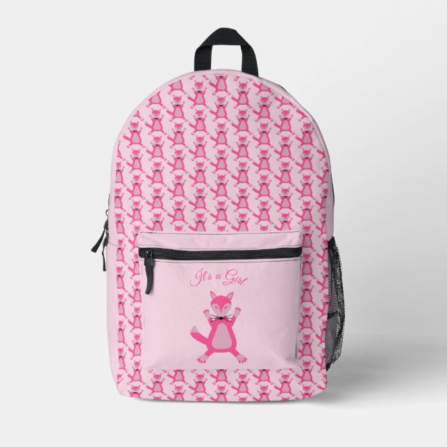 Pretty Pink Baby Girl Fox Custom Gender Reveal Printed Backpack (Front)