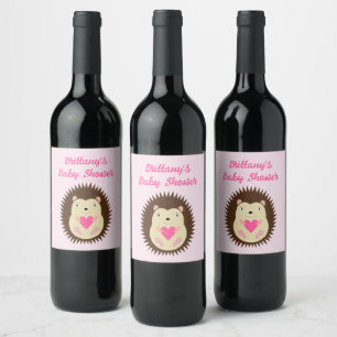 Pretty Pink Baby Girl Hedgehog Baby Shower Wine Label