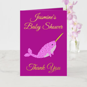 Pretty Pink Baby Girl Narwhal Baby Shower Custom Foil Greeting Card