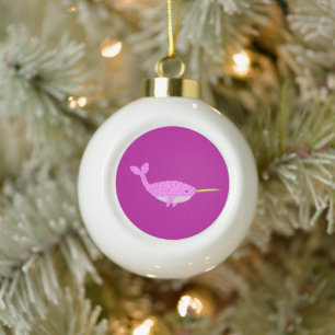 Pretty Pink Baby Girl Narwhal Ceramic Ball Christmas Ornament