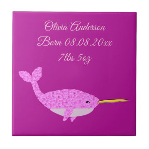 Pretty Pink Baby Girl Narwhal Custom Birth Ceramic Tile