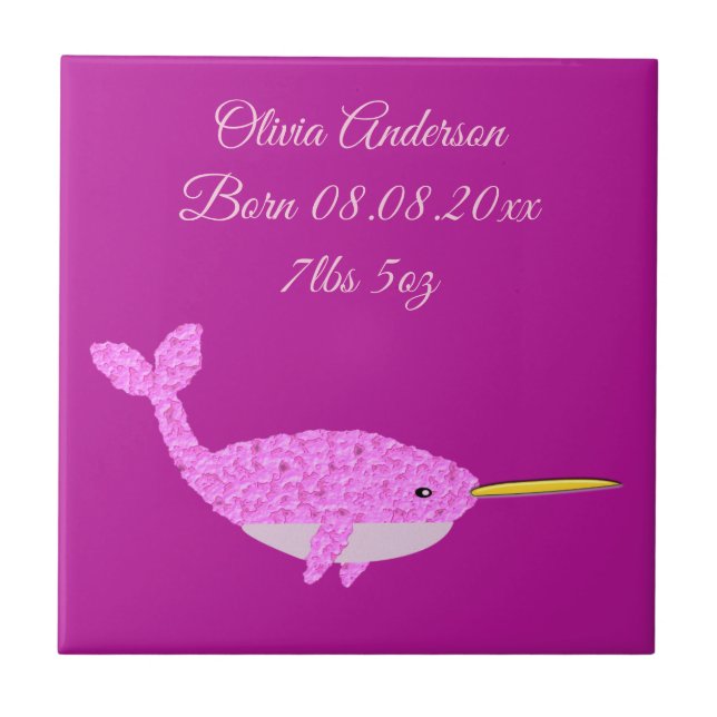 Pretty Pink Baby Girl Narwhal Custom Birth Ceramic Tile (Front)