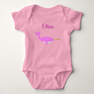 Pretty Pink Baby Girl Narwhal Custom Name Bodysuit