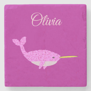 Pretty Pink Baby Girl Narwhal Custom Name Stone Coaster