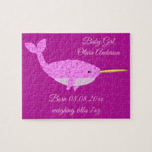 Pretty Pink Baby Girl Narwhal Custom New Baby Jigsaw Puzzle