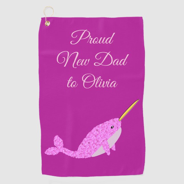 Pretty Pink Baby Girl Narwhal New Dad Custom Golf Towel (Front)