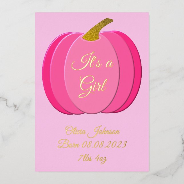 Pretty Pink Baby Girl Pumpkin Birth Announcement (Front)