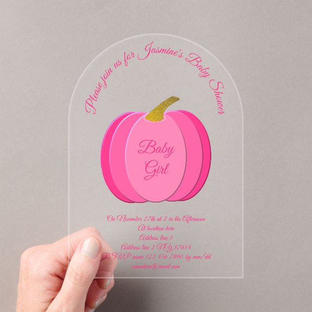 Pretty Pink Baby Girl Pumpkin Custom Baby Shower Acrylic Invitations (Insitu (Handheld))