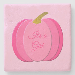 Pretty Pink Baby Girl Pumpkin Custom Gender Reveal Stone Coaster