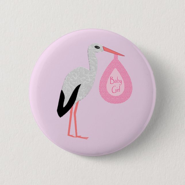 Pretty Pink Baby Girl Stork 6 Cm Round Badge (Front)
