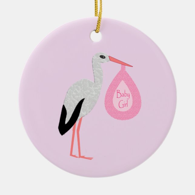 Pretty Pink Baby Girl Stork Ceramic Ornament (Front)