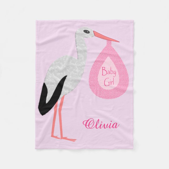 Pretty Pink Baby Girl Stork Custom Fleece Blanket (Front)