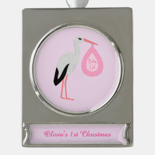 Pretty Pink Baby Girl Stork First Christmas Silver Plated Banner Ornament