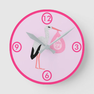 Pretty Pink Baby Girl Stork Nursery Round Clock