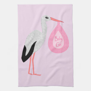 Pretty Pink Baby Girl Stork Tea Towel