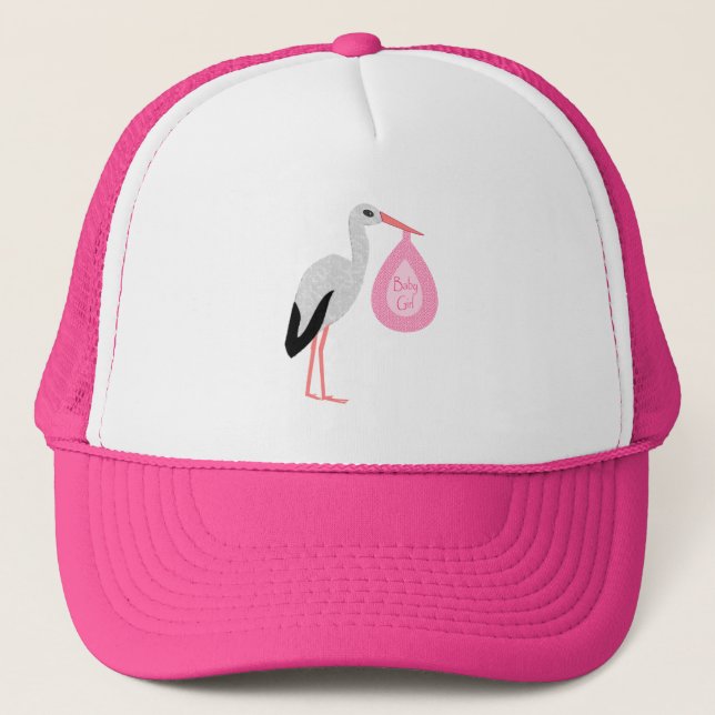 Pretty Pink Baby Girl Stork Trucker Hat (Front)