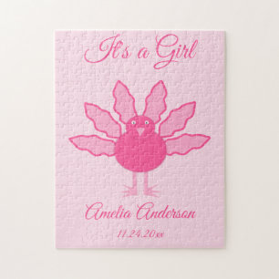 Pretty Pink Baby Girl Thanksgiving Turkey Birth Jigsaw Puzzle