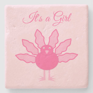 Pretty Pink Baby Girl Thanksgiving Turkey Custom Stone Coaster