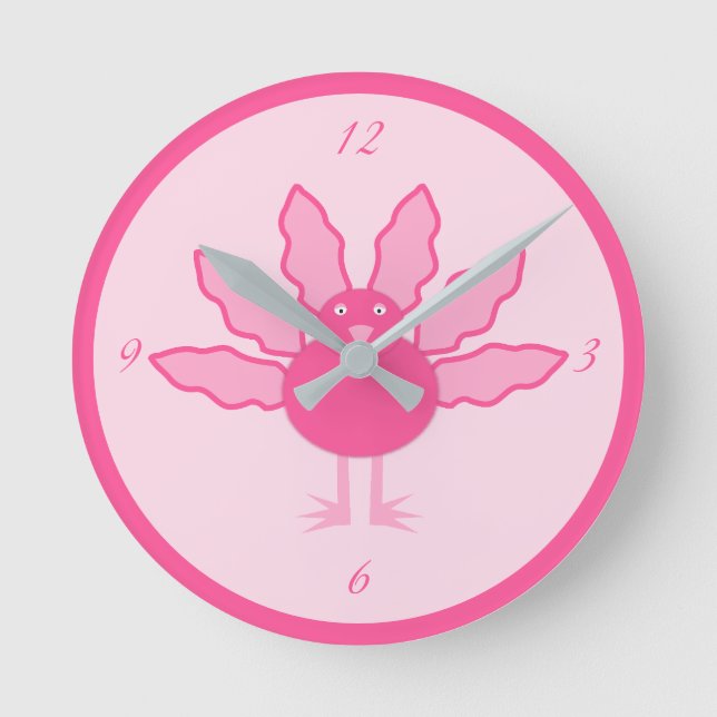 Pretty Pink Baby Girl Thanksgiving Turkey Nursery Round Clock (Front)