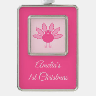 Pretty Pink Baby Girl Thanksgiving Turkey Silver Plated Framed Ornament